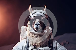 close up space astronaut llama on moon surface, with sun and dark space background, Generative AI