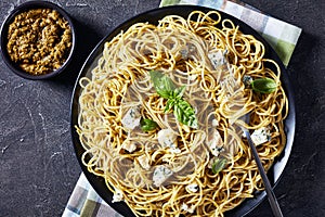 Close-up of Spaghetti with genovese basil pesto