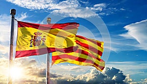 Spanish and Catalan Flags Blowing in the Wind on Blue Sky with Clouds - Generative Ai