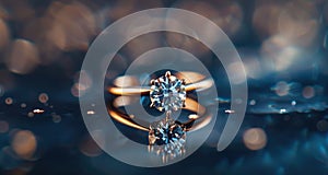 Close-up of a sparkling diamond engagement ring on a golden band, set against a shimmering blue bokeh background