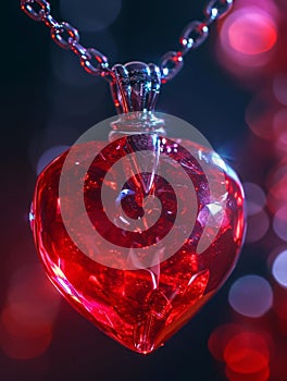 Close-up of a sparkling red heart-shaped pendant against a bokeh background