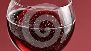 Close-up of sparkling red wine in a glass with bubbles.