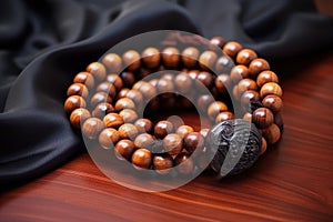 close-up of sparse wood beads, accessories for qi gong photo