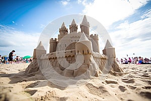 close-up of a spectacularly designed sandcastle at a beach fest