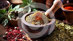A close up of spices and herbs in a mortar and pestle, with vibrant colors and aromas