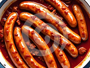 close up spicy sausage on black dish, AI generated