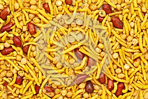 Close-up of Spicy South Mix Indian namkeen (snacks) Full-Frame Background.
