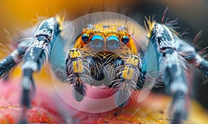 Close-up of spider with blue eyes