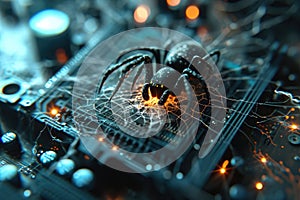 Close-up of spider on the computer motherboard. Spying technology or virus attack concept