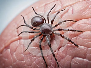 close up of spider with human hand on skin, macro shot