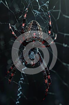 Close-up of a spider on its web in a dark background