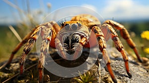 Close up of spider on its web. Generative AI.
