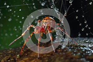 close-up of a spider trapping an insect in its web