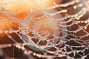 a close up of a spider web covered in water drops. generative ai
