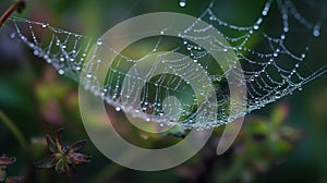 a close up of a spider web with drops of water on the spiderwefel's web, with a blurry background of green leaves