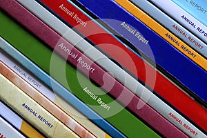 Close-up On The Spines Of A Set Of Corporate Annual Reports photo