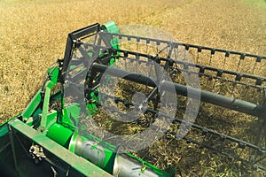Close up of a spinning combine reel harvesting oilseed rape in the middle of a large field surrounded by nature during