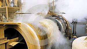 Close up of spinning ore dressing mill. Stock footage. Industrial background, view inside of a workshop of a factory