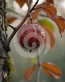Close Up of Spiny Sweet Chestnut Fruit on Tree.