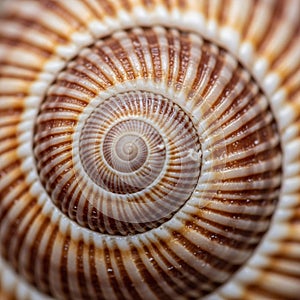Close-up of a spiral seashell, showcasing its intricate pattern and texture. The shell displays