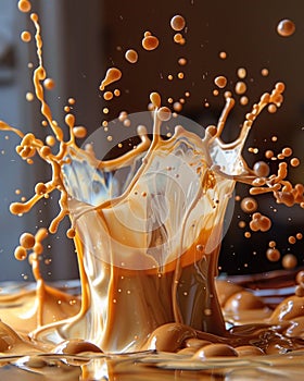 a close up of a splash of caramel on a table