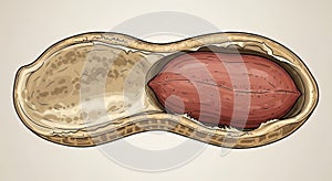 Close-up of a split peanut revealing its textured shell and kernel