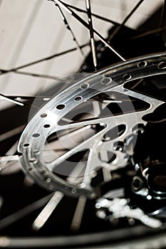 Close-up of a spoke wheel. Macro photo. Part of the bike.