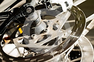 Close-up of a spoke wheel. Macro photo. Part of the bike.