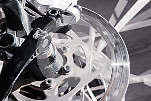 Close-up of a spoke wheel. Macro photo. Part of the bike.