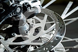 Close-up of a spoke wheel. Macro photo. Part of the bike.