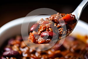 Close-up of a spoonful of chili con carne with vibrant red color and texture of ground beef, beans, and tomatoes photo