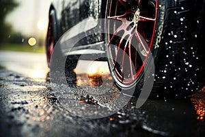 close up sport car photography capturing motion blur, reflections, close up view of a car wheel.
