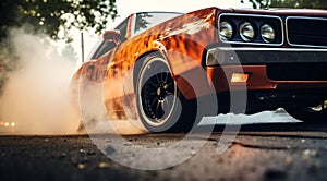 close-up of a sports car doing burnout on the street, car doing burnout, close-up of car