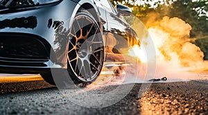 close-up of a sports car doing burnout on the street, car doing burnout, close-up of car