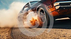 close-up of a sports car doing burnout on the street, car doing burnout, close-up of car