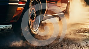 close-up of a sports car doing burnout on the street, car doing burnout, close-up of car