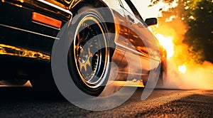 close-up of a sports car doing burnout on the street, car doing burnout, close-up of car