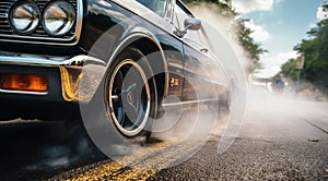 close-up of a sports car doing burnout on the street, car doing burnout, close-up of car