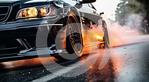 close-up of a sports car doing burnout on the street, car doing burnout, close-up of car