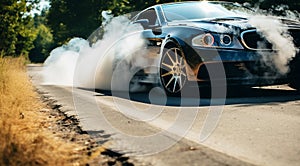 close-up of a sports car doing burnout on the street, car doing burnout, close-up of car