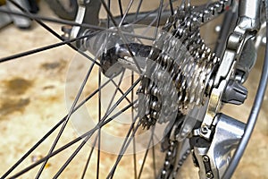 Close up sprockets on the rear wheel of a bicycle