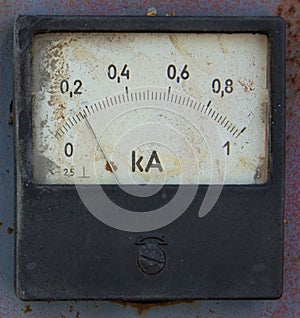Close-up of a square analog ammeter 0 to 1 kA (kiloampere