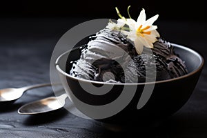 close-up of squid ink ice cream on a black ceramic bowl