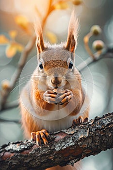 A close-up of a squirrel on a tree branch, holding walnut with its paws, surrounded by soft-focus leaves.