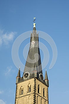 Close up of St. Lambertus church tower in DÃ¼sseldorf, Germany