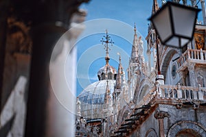 Close up of St Mark`s Cupel on the top of Basilica di San Marco, St Mark`s Basilica in Venice, Italy. Detailed facade