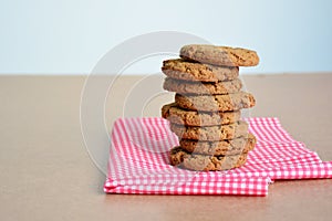 Close up stack of chocolate chip cookies.