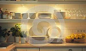 Close-up of stack of clean white dishes in modern kitchen