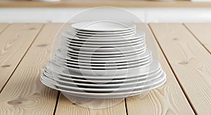 Stack of White Plates on Wood Table. Kitchenware Concept.