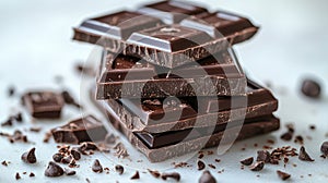 Close-up of a stack of dark chocolate bars with chocolate chips scattered around